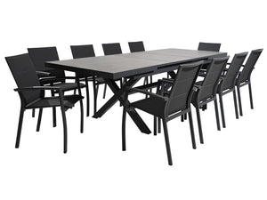 FurnitureOkay Marina-Mosman 11-Piece Ceramic Outdoor Extendable Dining Setting — Charcoal