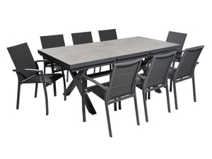 FurnitureOkay Marina-Mosman 11-Piece Ceramic Outdoor Extendable Dining Setting — Charcoal