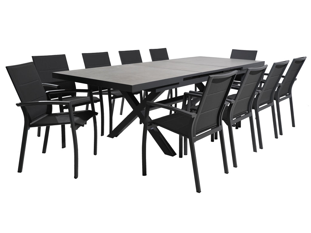 FurnitureOkay Marina-Mosman 11-Piece Ceramic Outdoor Extendable Dining Setting — Charcoal