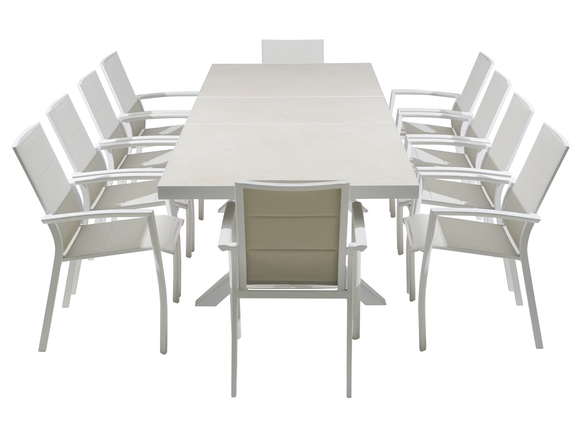 FurnitureOkay Marina-Mosman 11-Piece Ceramic Outdoor Extendable Dining Setting — White