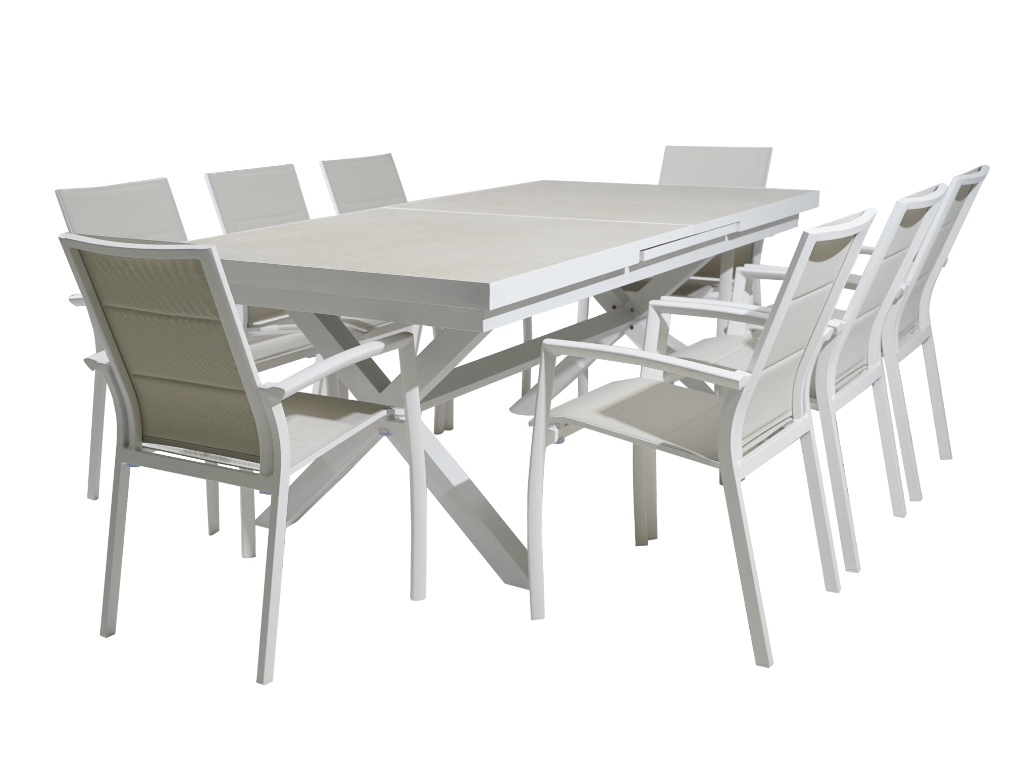 FurnitureOkay Marina-Mosman 11-Piece Ceramic Outdoor Extendable Dining Setting — White