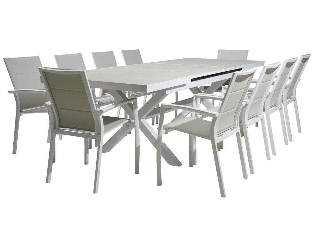 FurnitureOkay Marina-Mosman 11-Piece Ceramic Outdoor Extendable Dining Setting — White