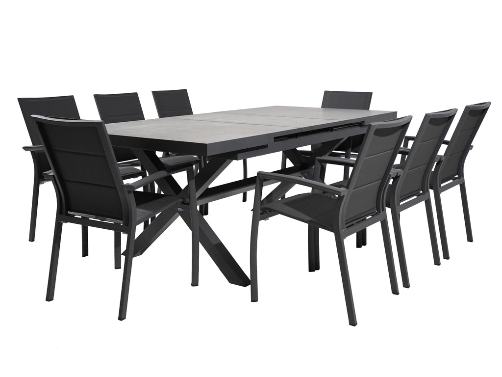 FurnitureOkay Marina-Mosman 9-Piece Ceramic Outdoor Extendable Dining Setting — Charcoal