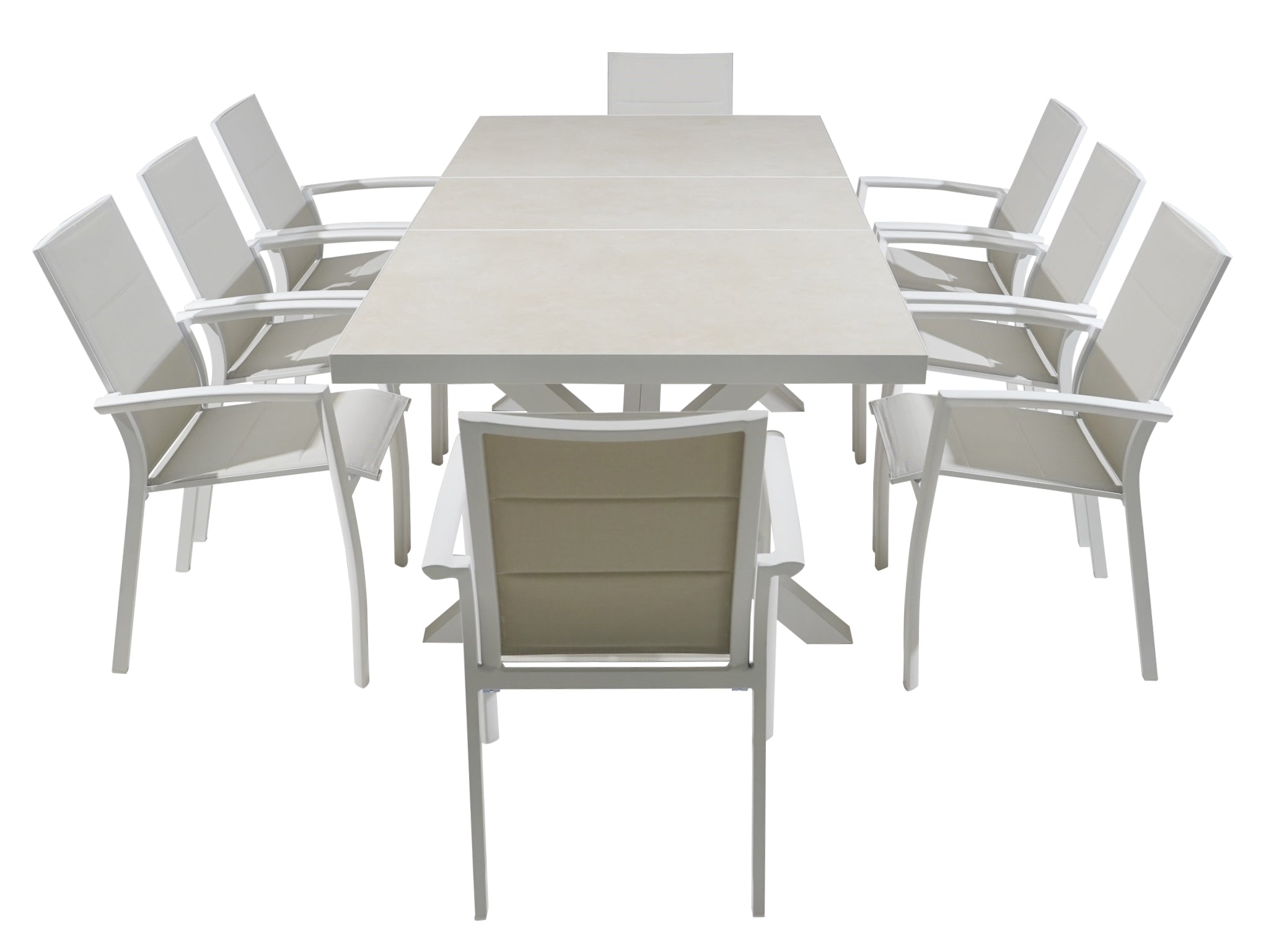 FurnitureOkay Marina-Mosman 9-Piece Ceramic Outdoor Extendable Dining Setting — White