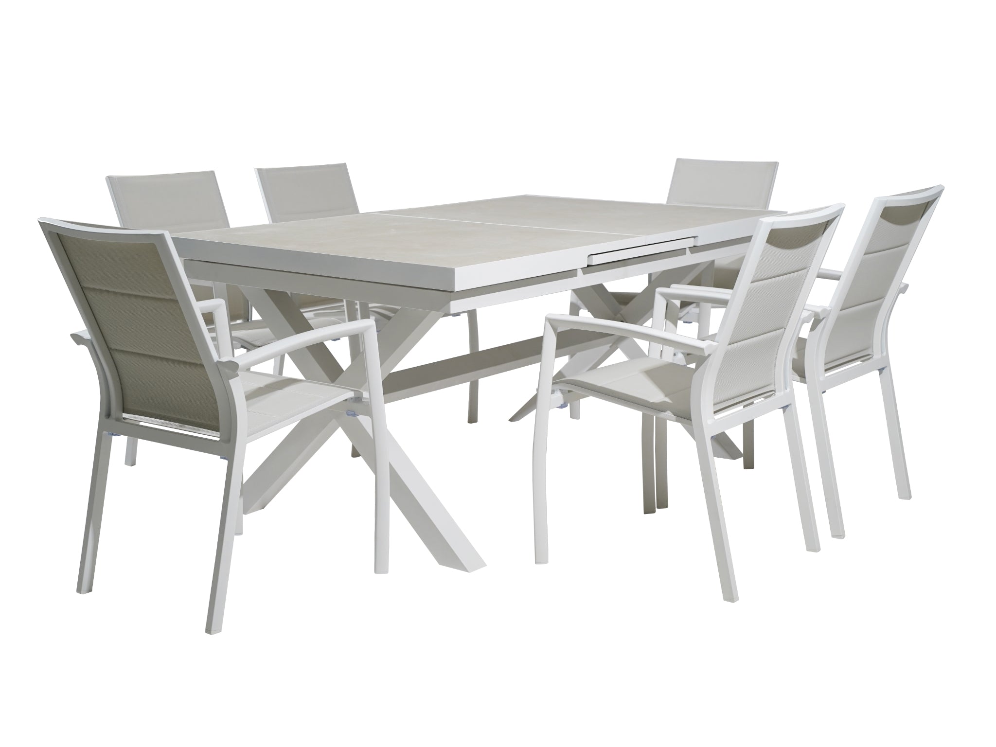 FurnitureOkay Marina-Mosman 9-Piece Ceramic Outdoor Extendable Dining Setting — White