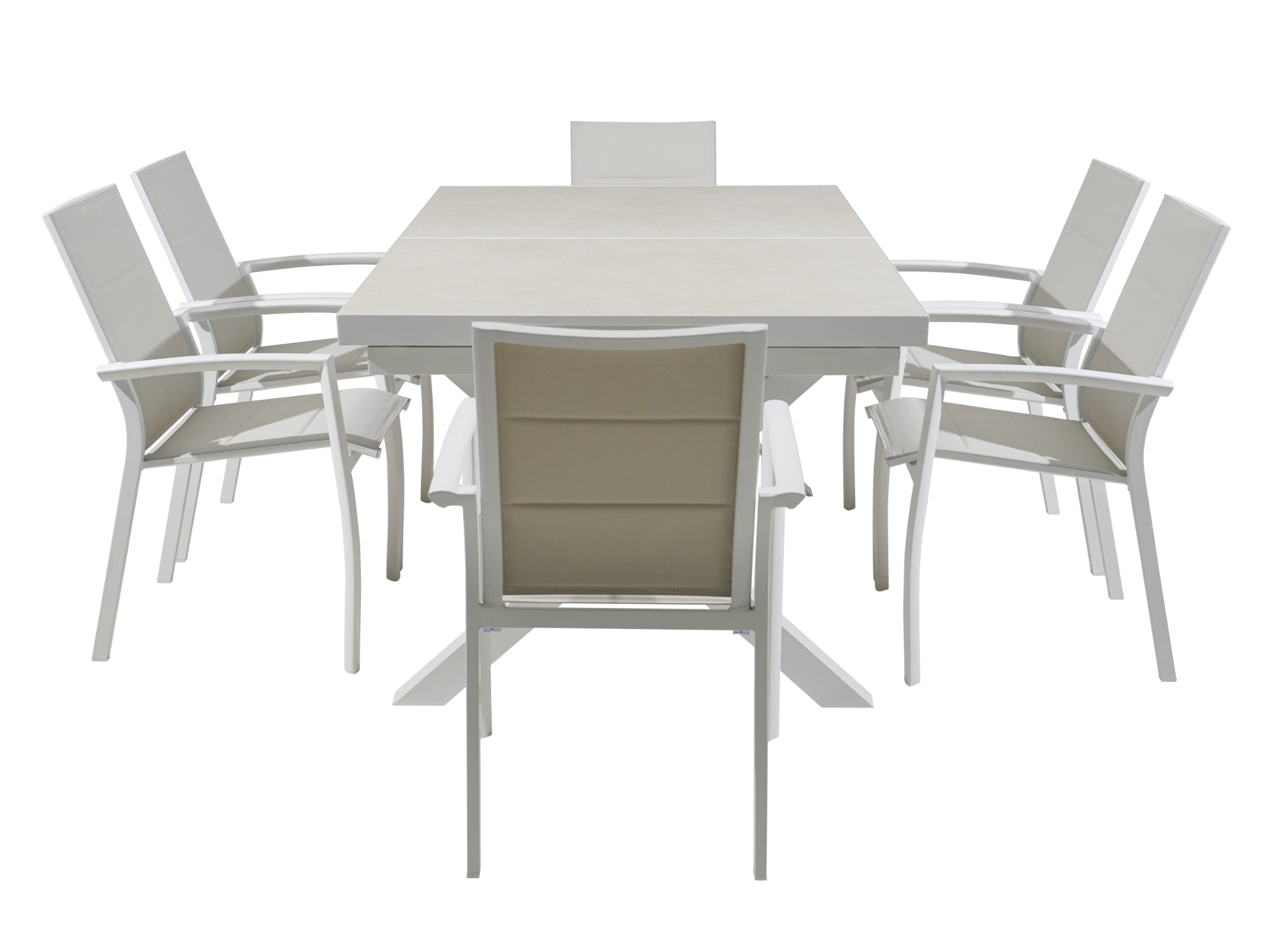 FurnitureOkay Marina-Mosman 9-Piece Ceramic Outdoor Extendable Dining Setting — White