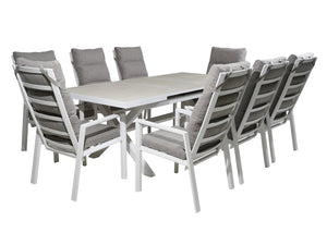 FurnitureOkay Mosman 9-Piece Ceramic Outdoor Extendable Dining Setting — White