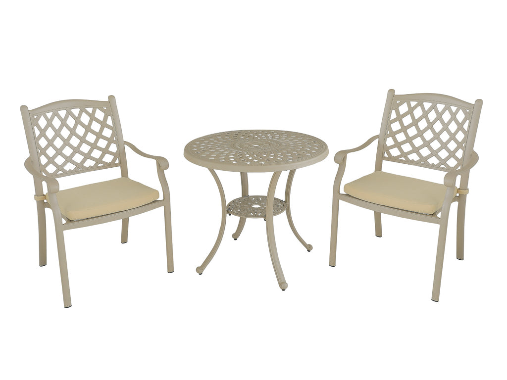 FurnitureOkay Orlando 3-Piece Cast Aluminium Outdoor Dining Setting — Sandstone