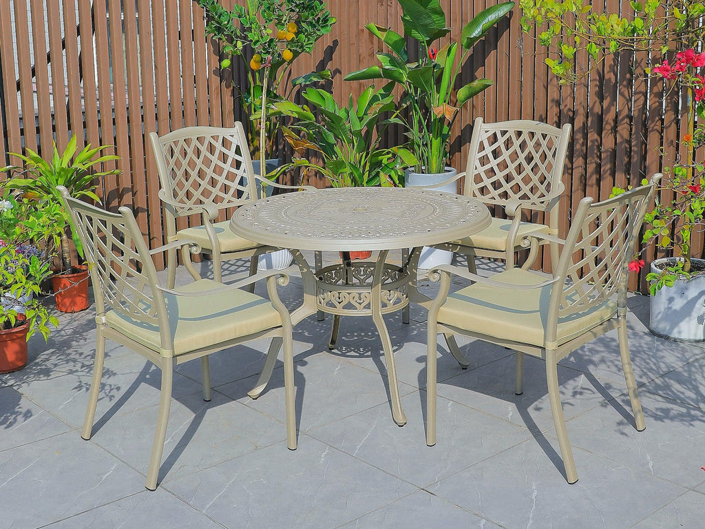 FurnitureOkay Orlando 5-Piece Cast Aluminium Outdoor Dining Setting — Sandstone