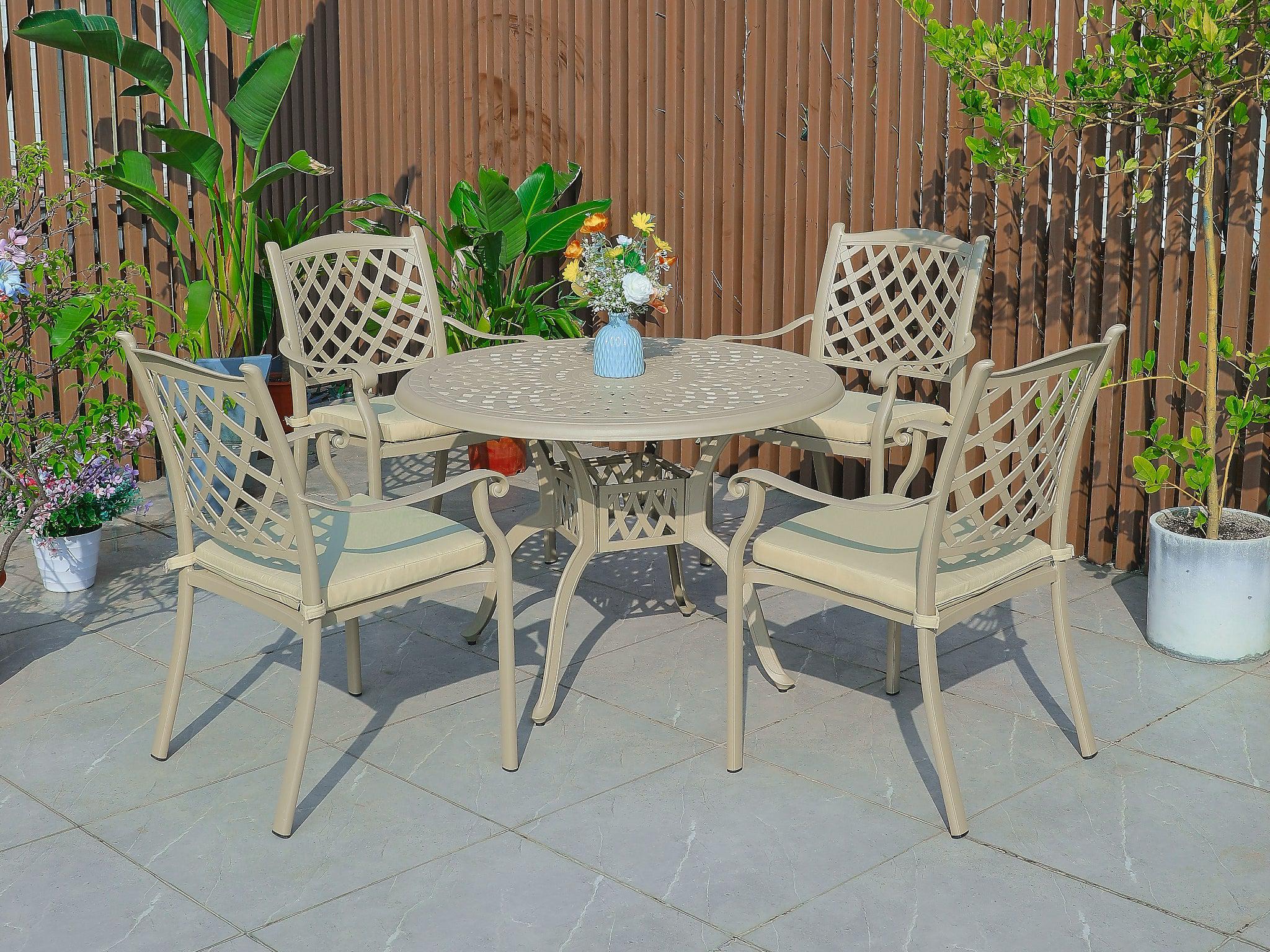 FurnitureOkay Orlando 5-Piece Cast Aluminium Outdoor Dining Setting — Sandstone