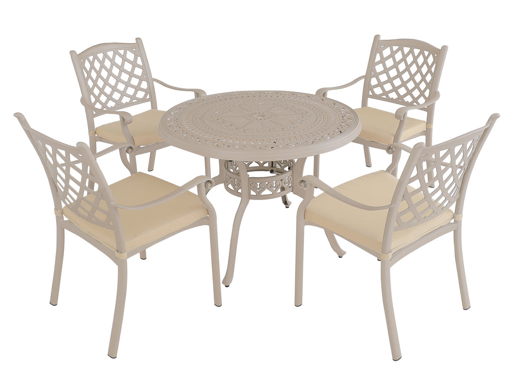 FurnitureOkay Orlando 5-Piece Cast Aluminium Outdoor Dining Setting — Sandstone