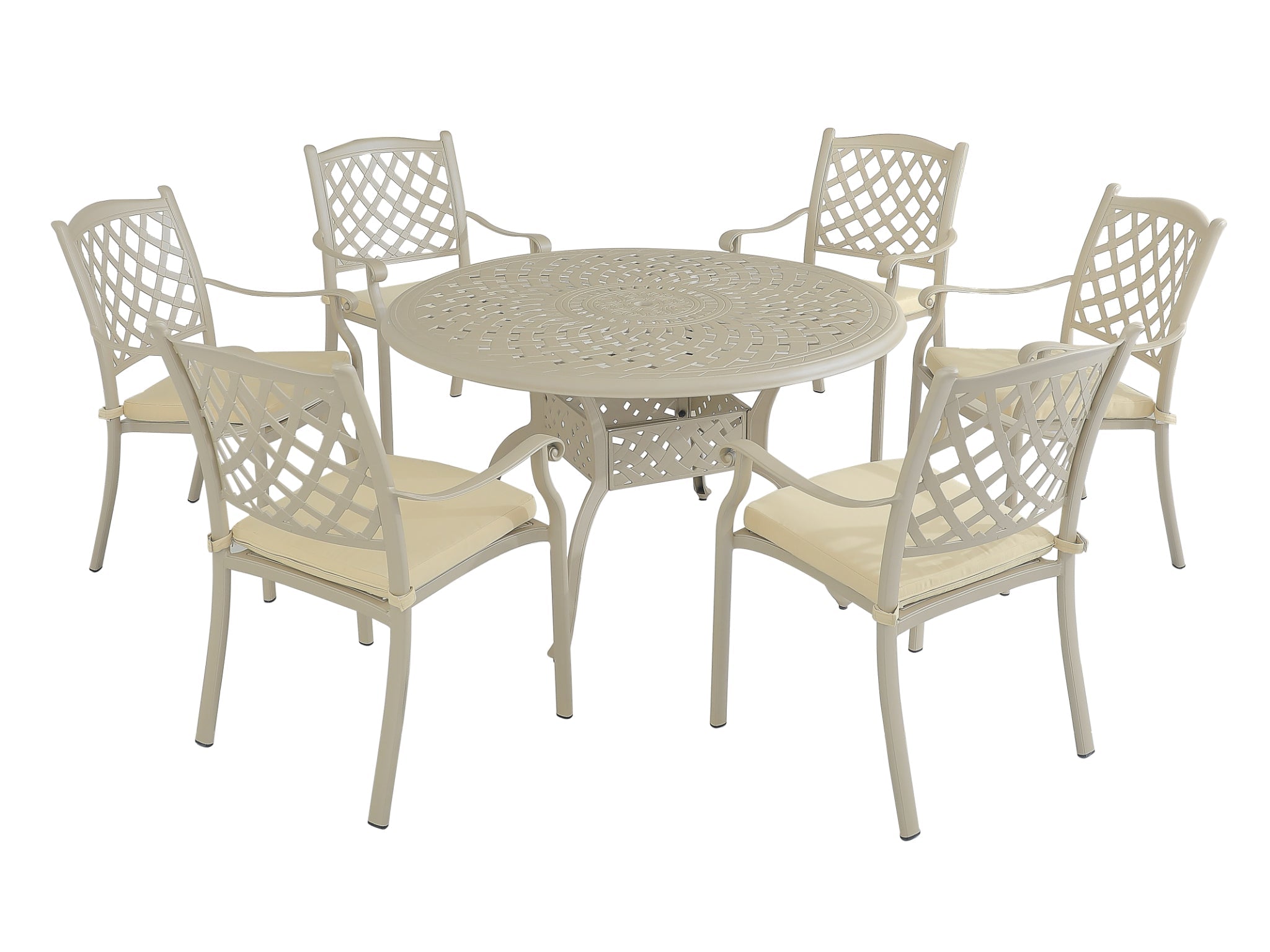 FurnitureOkay Orlando 7-Piece Cast Aluminium Outdoor Dining Setting — Sandstone