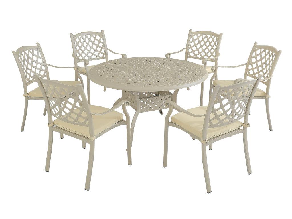 FurnitureOkay Orlando 7-Piece Cast Aluminium Outdoor Dining Setting — Sandstone