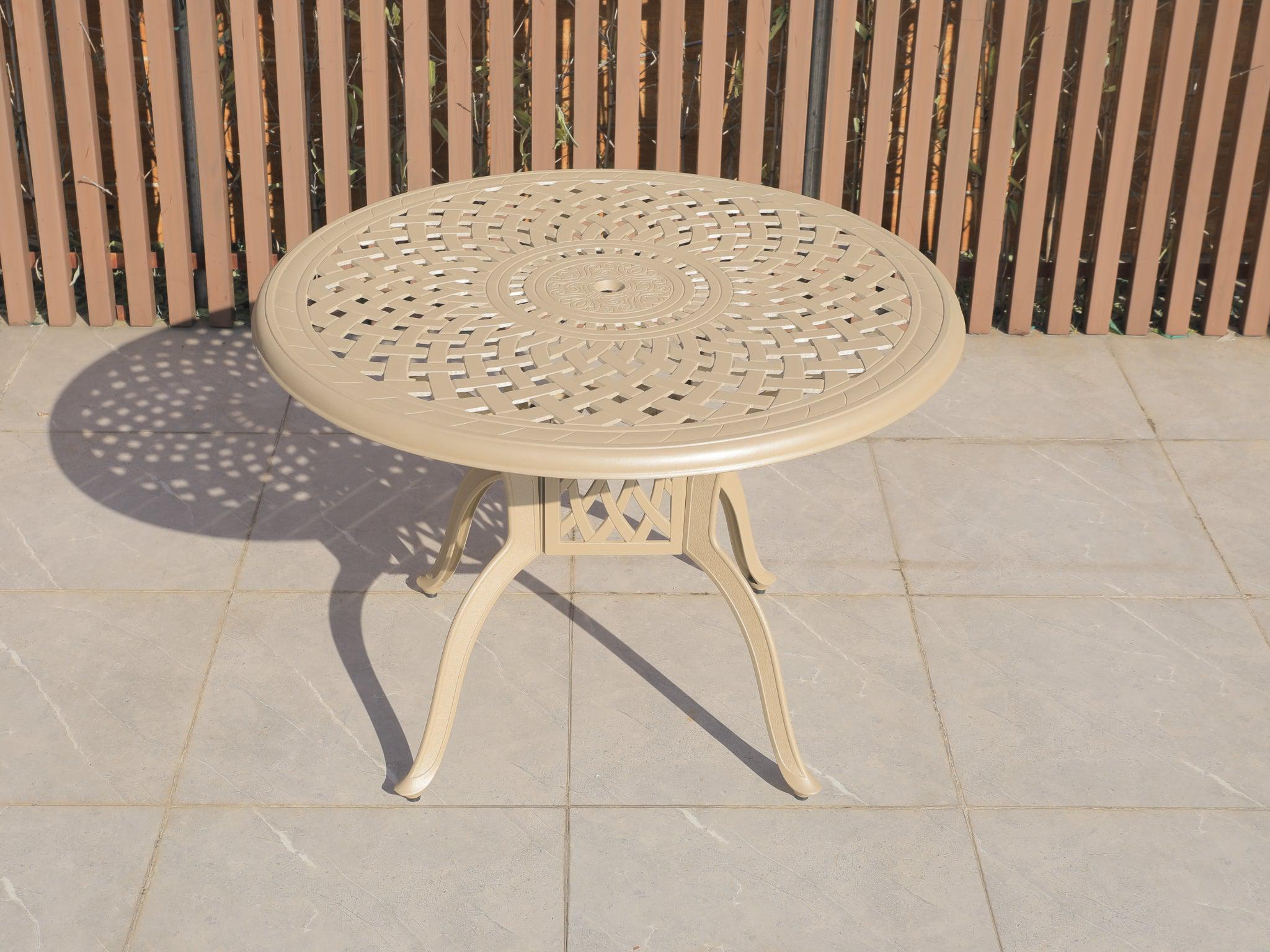 FurnitureOkay Orlando Cast Aluminium Outdoor Dining Table (106cm Round) — Sandstone