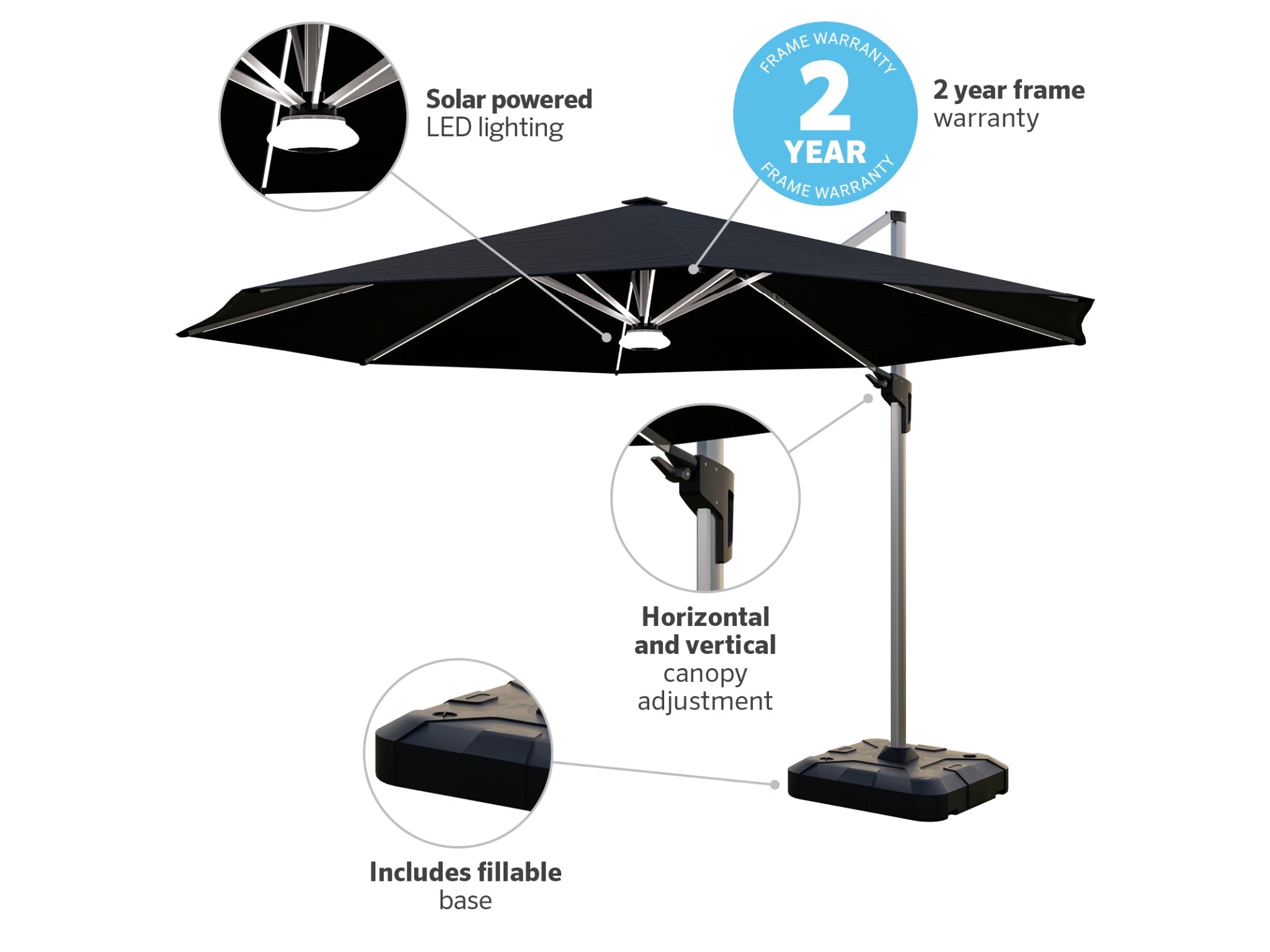 Coolaroo Brighton 3.5m Round LED Cantilever Umbrella — Black